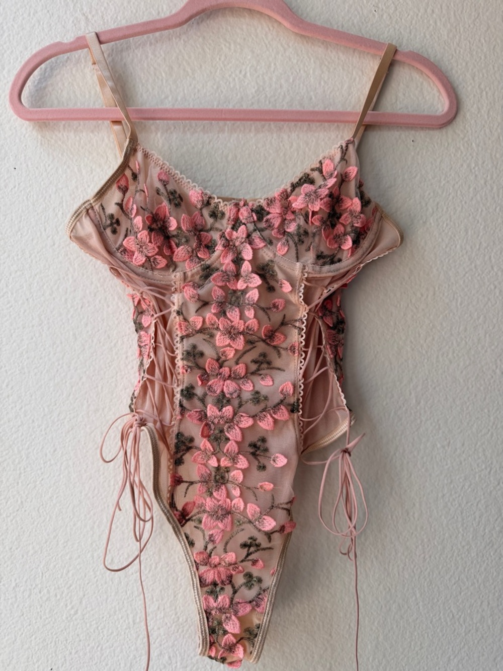 Sheer Mesh Floral Embroidered Lace Up Bodysuit XS‎ Pink Ballet Coquette Fairy
